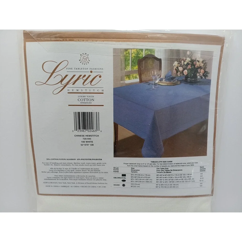 Kemp & Beatley Lyric Hemstitch White Tablecloth 52x70 Oblong Cotton Blend